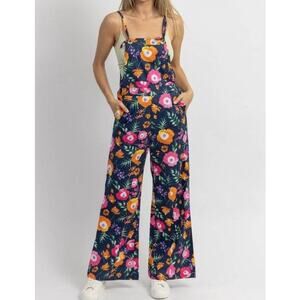 &Merci Gina Navy Blue Floral Hippie Flare Leg Boho Overalls Large
